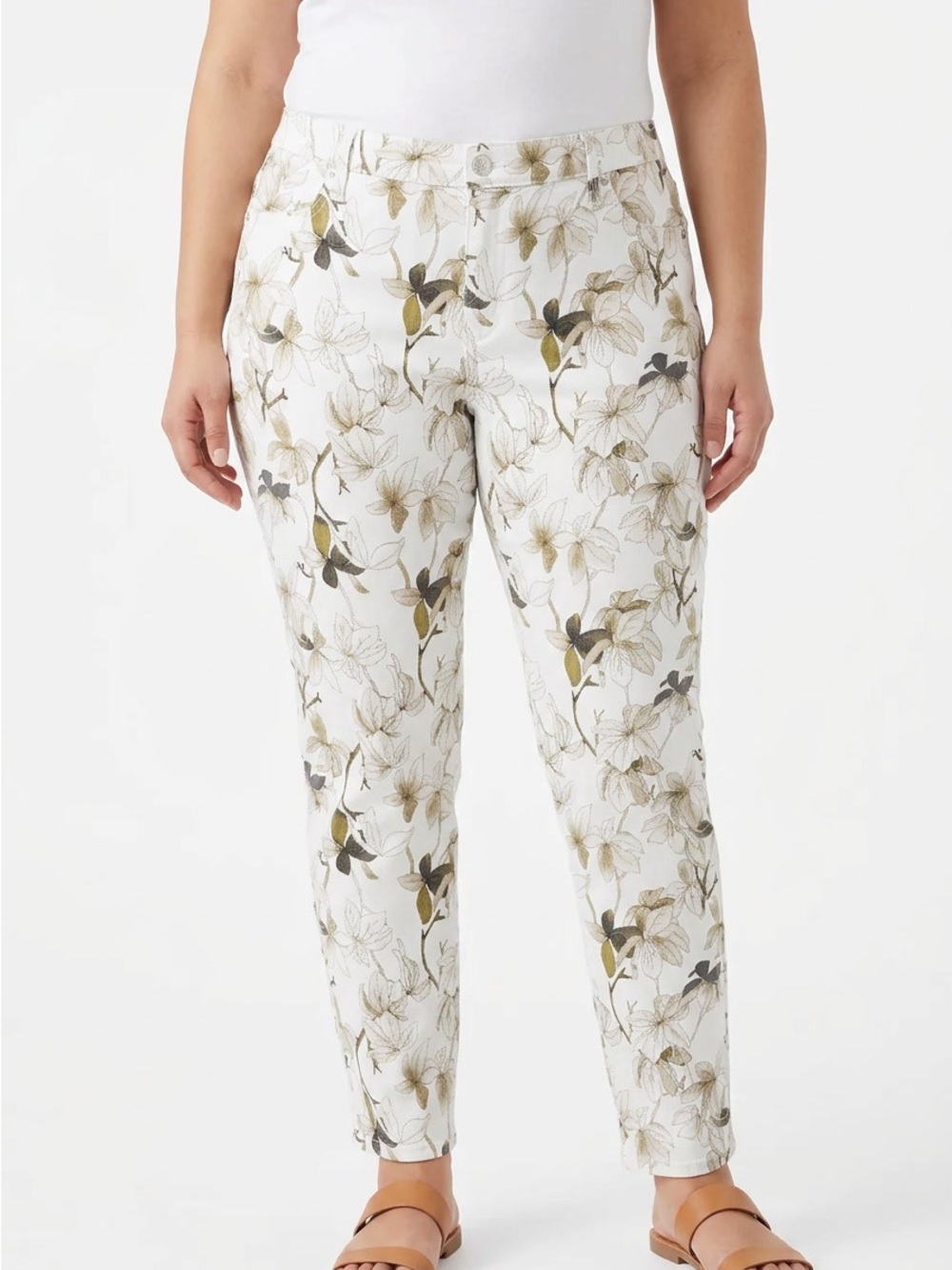 Buffalo David Bitton White Floral Cropped Pants with Olive Accents